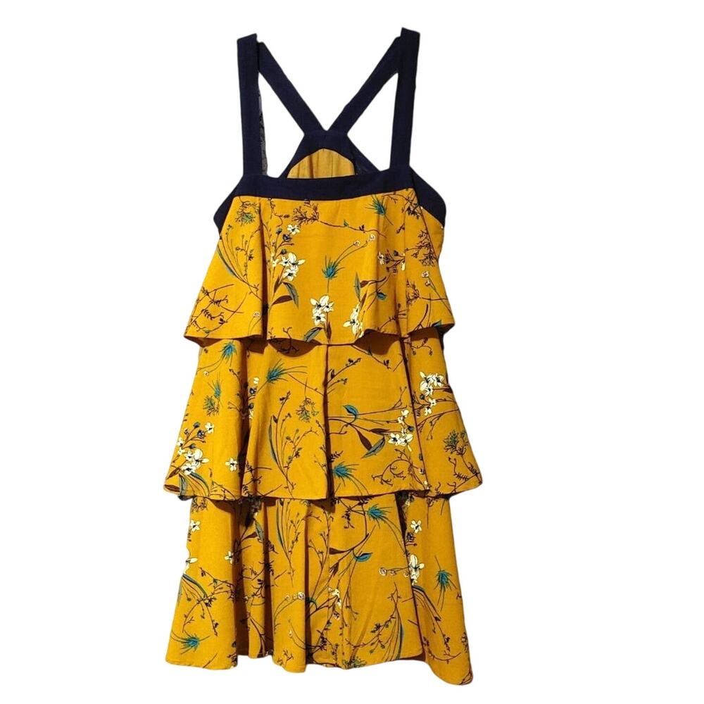 Entro Tiered Swing Mini Dress Sleeveless Bow Trim Floral Mustard Yellow Womens S